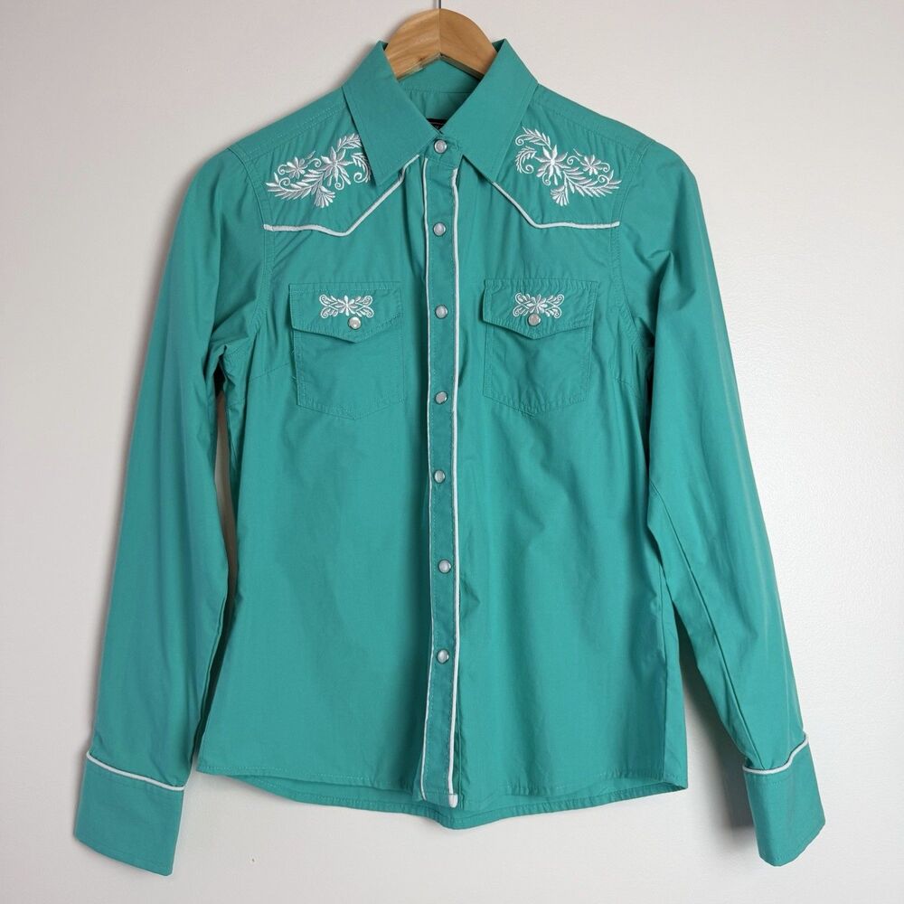 Salvaje Oeste Teal Green Pearl Snap Western Shirt Floral Embroidery Women’s S